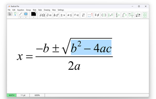 Radical Pie screenshot showing quadratic formula.