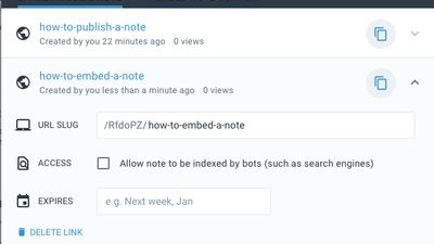 Advanced note publishing!

Public notes can be viewed by anybody via a public URL. A note can have multiple URLs, which can be customized. 

URLs can also auto-destroy after a set period of time.