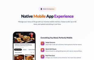 Mobile app features: swipe editing, quick sheets, real-time sync, dark mode. Restaurant owners manage menus on the go.