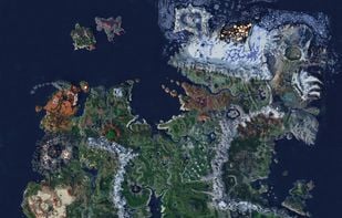 Minecraft map Drehmal v2.2 APOTHEOSIS imported and rendered in Avoyd,
top-down view of the main part of the map with biomes.