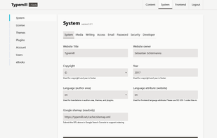 The system settings page of Typemill. 