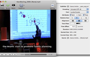 Settings drawer and preview of subtitles rendered over video.