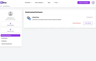 The user dashboard, with multiple features as bookmark, review and softwares owned by the user