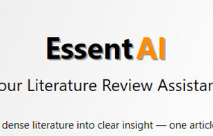 EssentAI launch screen. AI powered desktop literature review tool for PhD students and researchers.