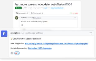 Connect Your Tools
Promptless integrates with GitHub, Slack, Linear, Jira, Zendesk, and your documentation platform. It listens for events such as PR merges, ticket closes, and support conversations in Slack.