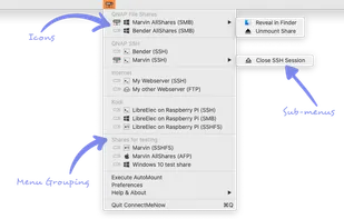 ConnectMeNow resides in the macOS menu-bar and provides quick access to network shares that you have defined.