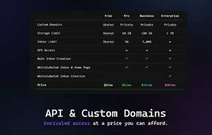 Flexible pricing with API access and custom domain support for all plans.