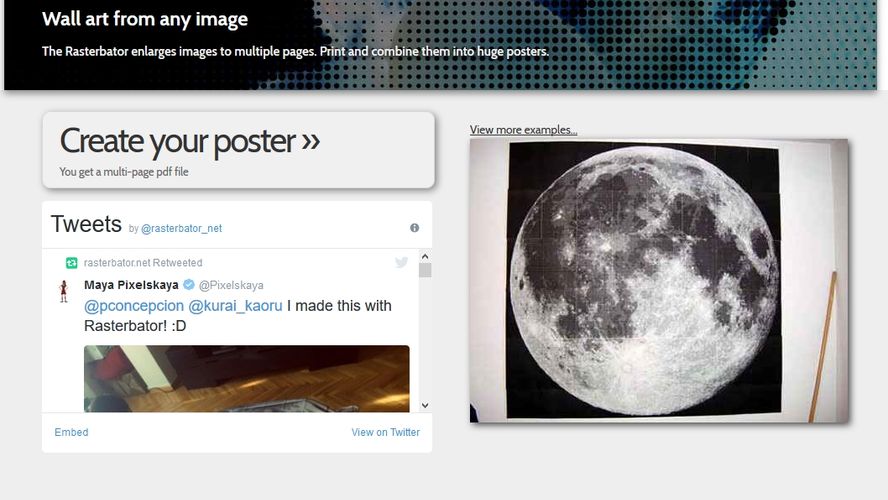 Rasterbator Wall art from any image The Rasterbator enlarges images to multiple pages. Print