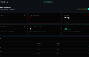 The dashboard reveals a summary of your digital footprint — how many accounts are tied to your email, which ones look risky, and what cleanup actions are available.