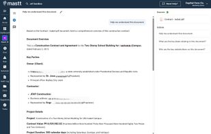 Mastt AI's document chat lets users upload contracts and instantly query key details, stakeholders, dates, and insights through an interactive AI assistant.
