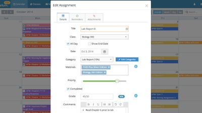 Never miss an assignment again! Let Helium remember the details of every assignment so you don't have to. Enter due date and textbook details, add notes, set a priority level, and record grades when complete.