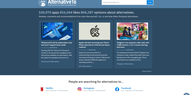 AlternativeTo now lists over 100,000 apps. This wouldn't be possible without you! image