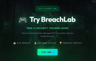 BreachLab landing page - Free AI security training game with 10 levels