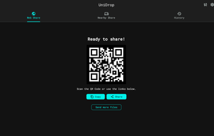 This screen appears after a file has been successfully uploaded via Web Share. The recipient can scan this QR code or use the provided link to download the file.